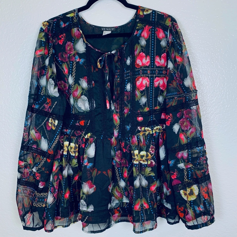 Venus Black Floral Peasant Top Womens 16 Butterfly Boho Babydoll Whimsigoth